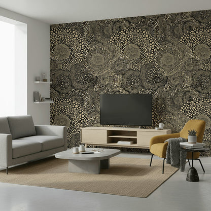 Soyut Noktalı Duvar Kağıdı Siyah Krem Modern Salon