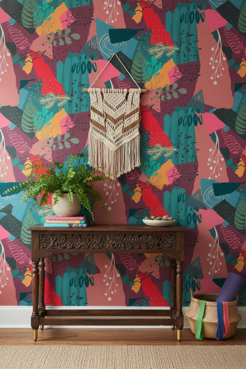 Soyut Botanik Desenli Duvar Kağıdı Renkli Modern Salon