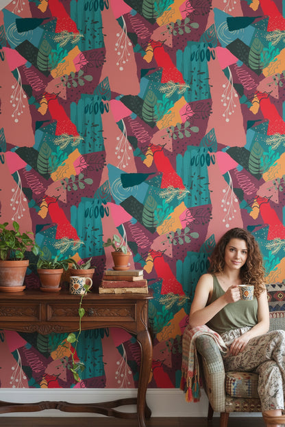 Soyut Botanik Desenli Duvar Kağıdı Renkli Modern Salon