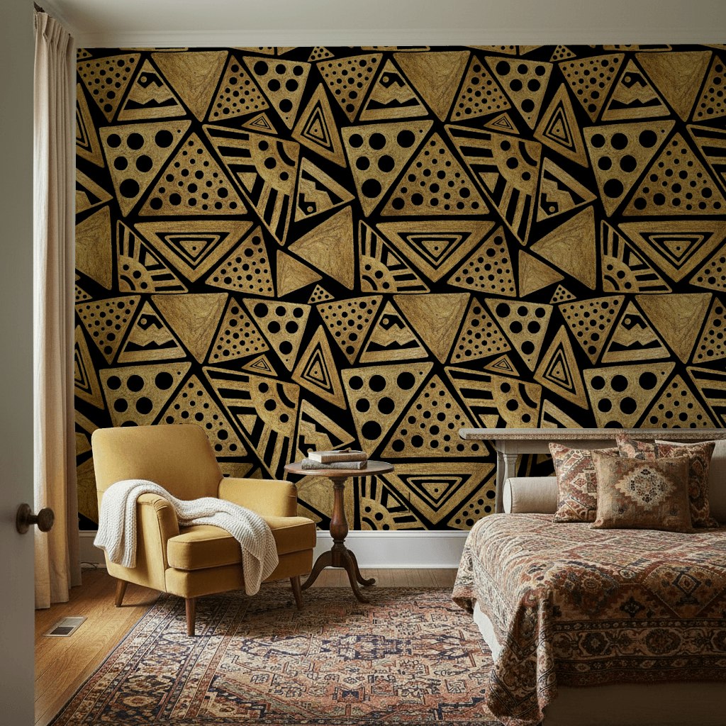 Geometrik Üçgen Desenli Duvar Kağıdı Siyah Altın Salon