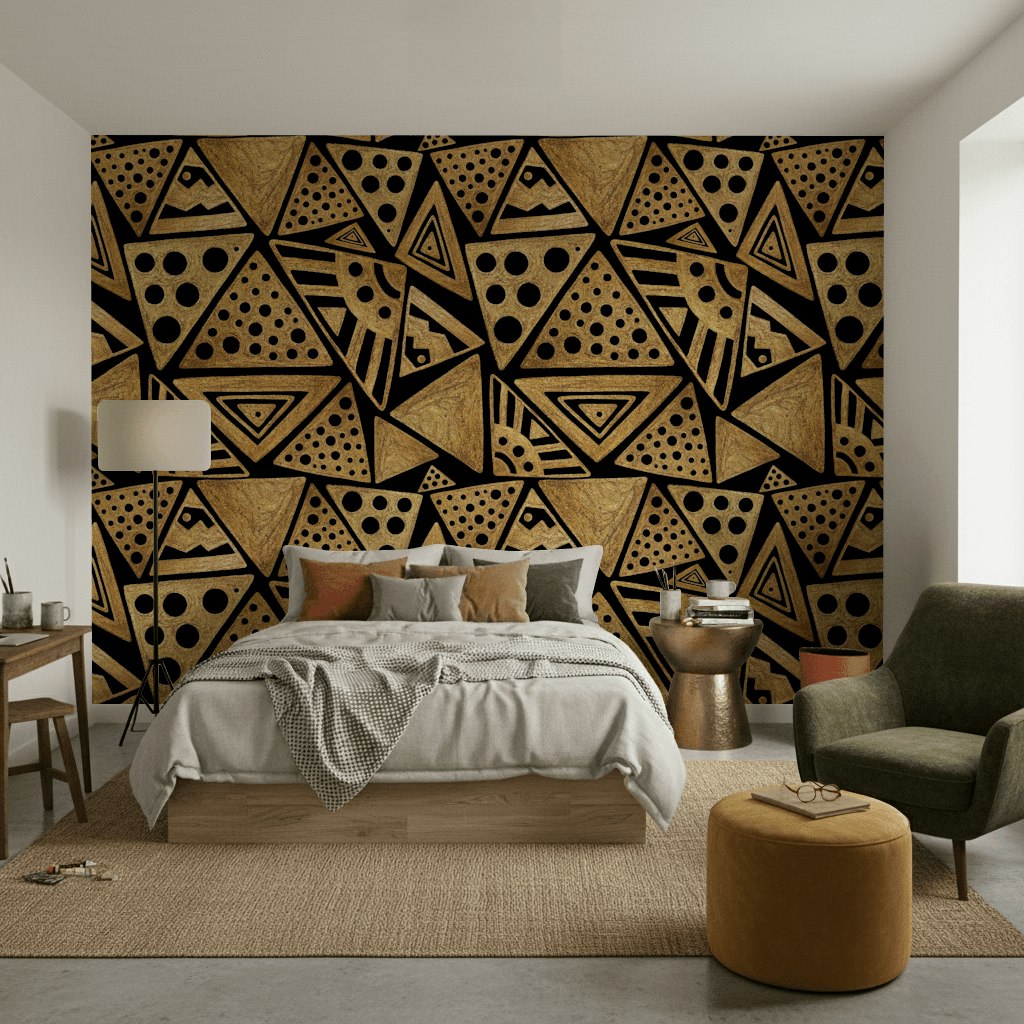 Geometrik Üçgen Desenli Duvar Kağıdı Siyah Altın Salon