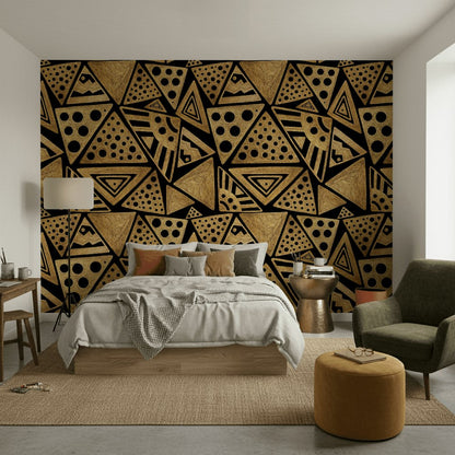 Geometrik Üçgen Desenli Duvar Kağıdı Siyah Altın Salon