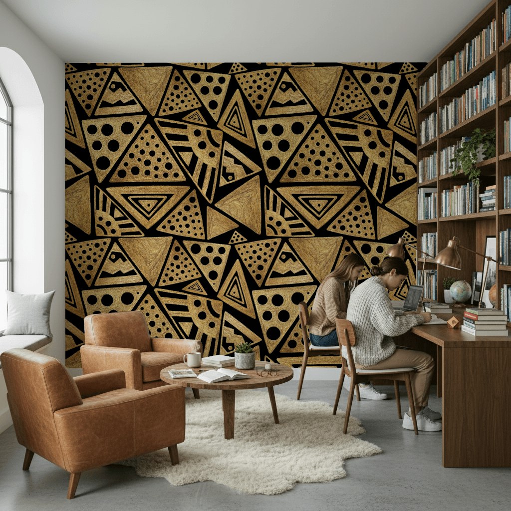Geometrik Üçgen Desenli Duvar Kağıdı Siyah Altın Salon