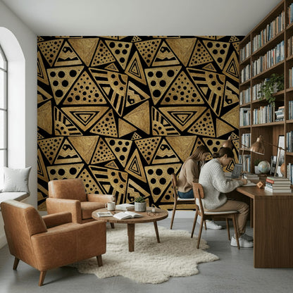 Geometrik Üçgen Desenli Duvar Kağıdı Siyah Altın Salon