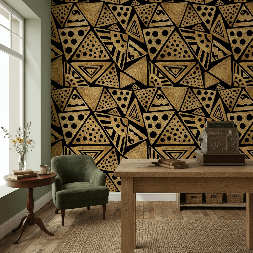 Geometrik Üçgen Desenli Duvar Kağıdı Siyah Altın Salon