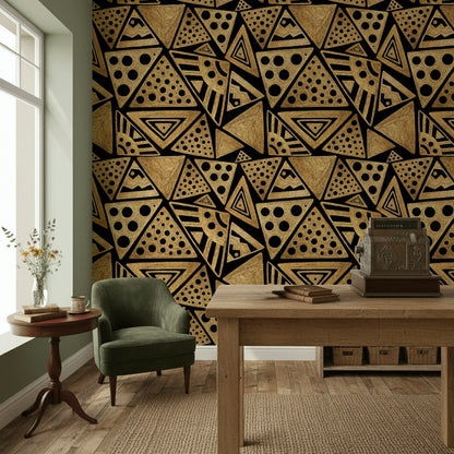 Geometrik Üçgen Desenli Duvar Kağıdı Siyah Altın Salon