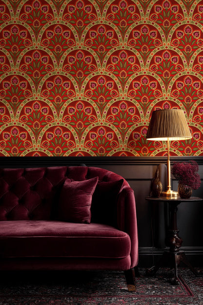 Osmanlı Motifli Duvar Kağıdı Kırmızı Çiçek Desenli Salon