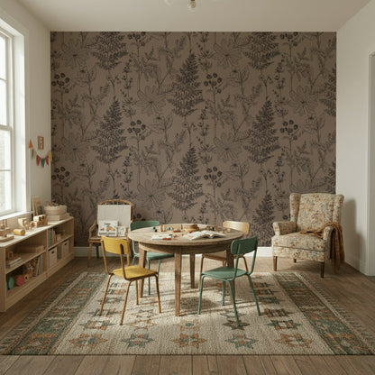 Çizim Botanik Desenli Duvar Kağıdı Bej Salon Dekoru