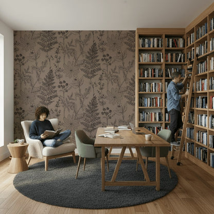 Çizim Botanik Desenli Duvar Kağıdı Bej Salon Dekoru