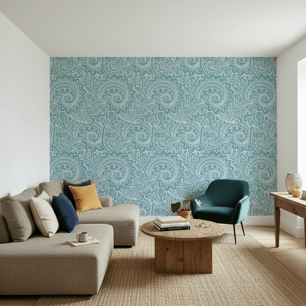 Turkuaz Paisley Desenli Duvar Kağıdı Klasik Salon Dekoru