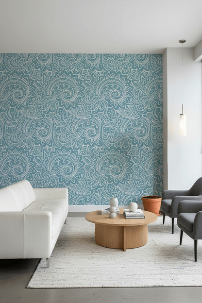 Turkuaz Paisley Desenli Duvar Kağıdı Klasik Salon Dekoru