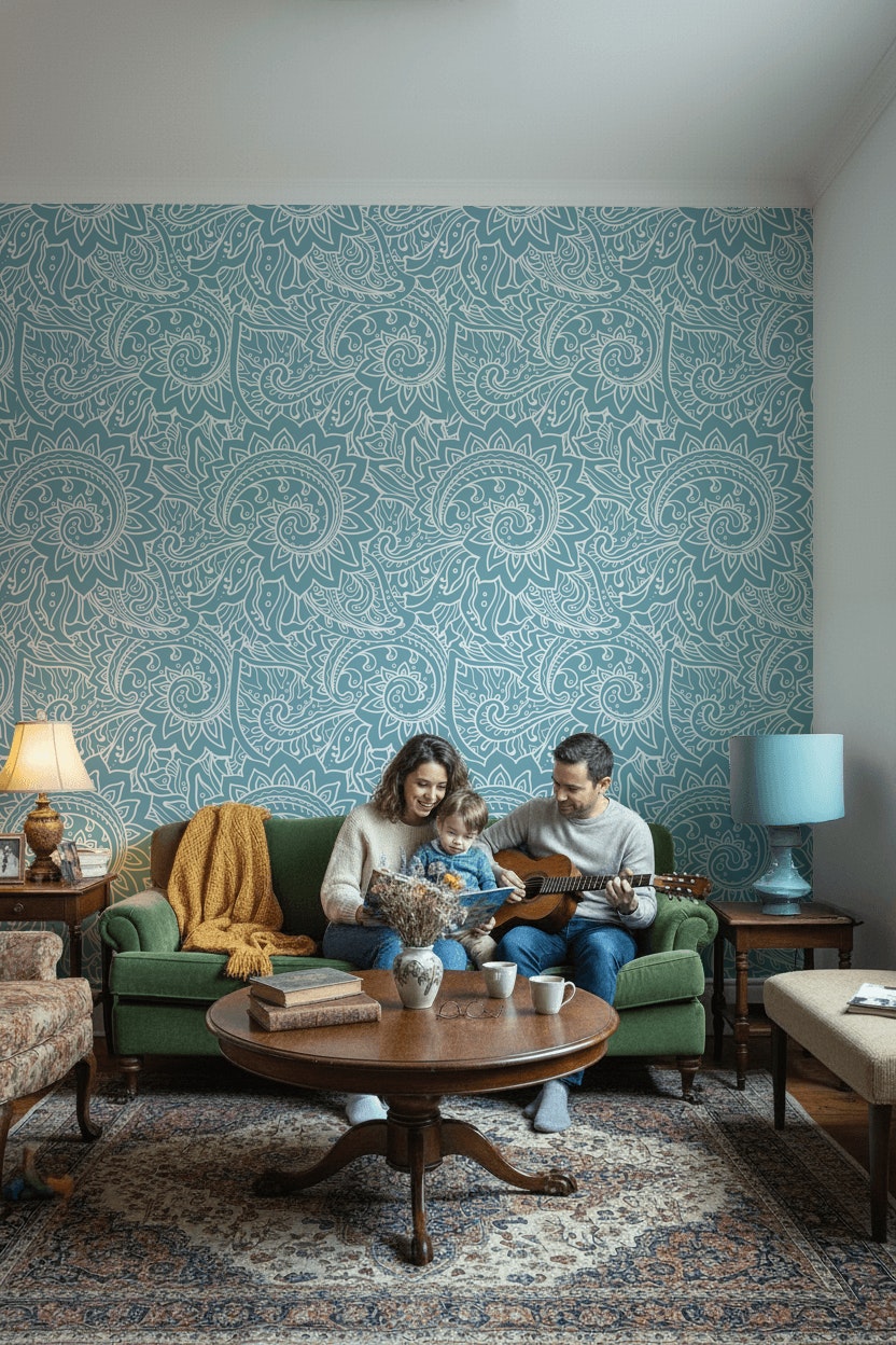 Turkuaz Paisley Desenli Duvar Kağıdı Klasik Salon Dekoru
