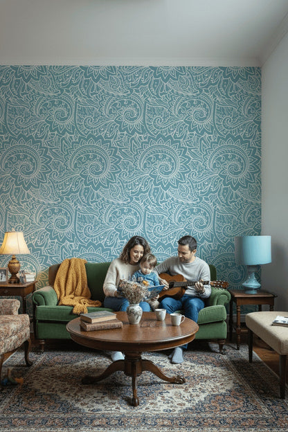 Turkuaz Paisley Desenli Duvar Kağıdı Klasik Salon Dekoru