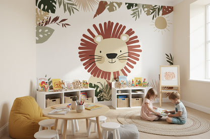 Aslanlı Safari Poster Duvar Kağıdı Yaprak Desenli Çocuk Odası