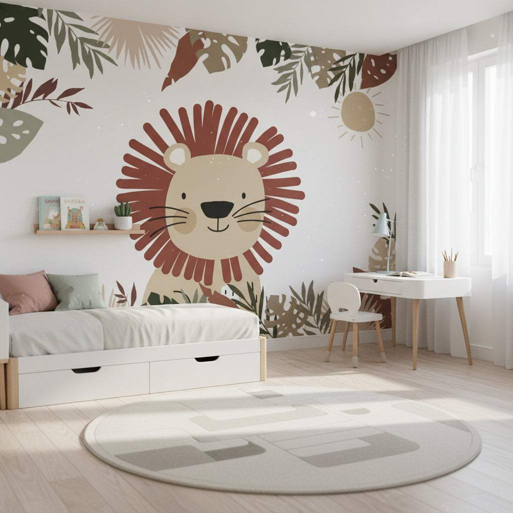 Aslanlı Safari Poster Duvar Kağıdı Yaprak Desenli Çocuk Odası