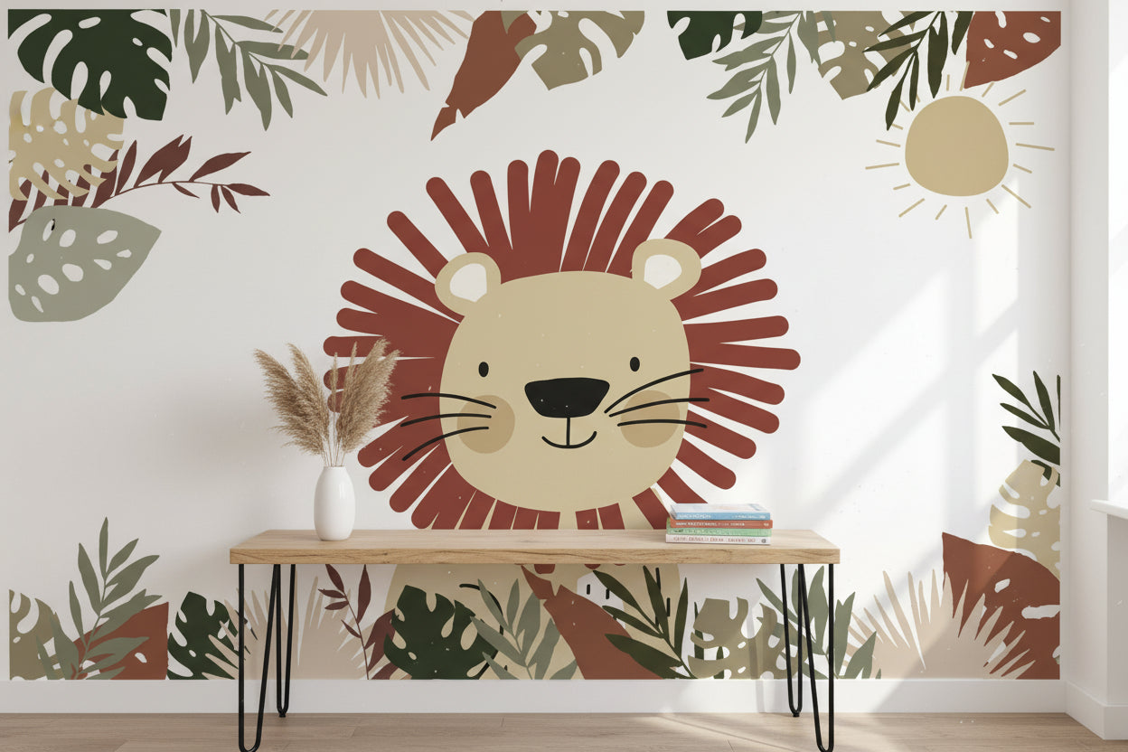 Aslanlı Safari Poster Duvar Kağıdı Yaprak Desenli Çocuk Odası