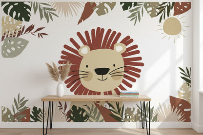 Aslanlı Safari Poster Duvar Kağıdı Yaprak Desenli Çocuk Odası