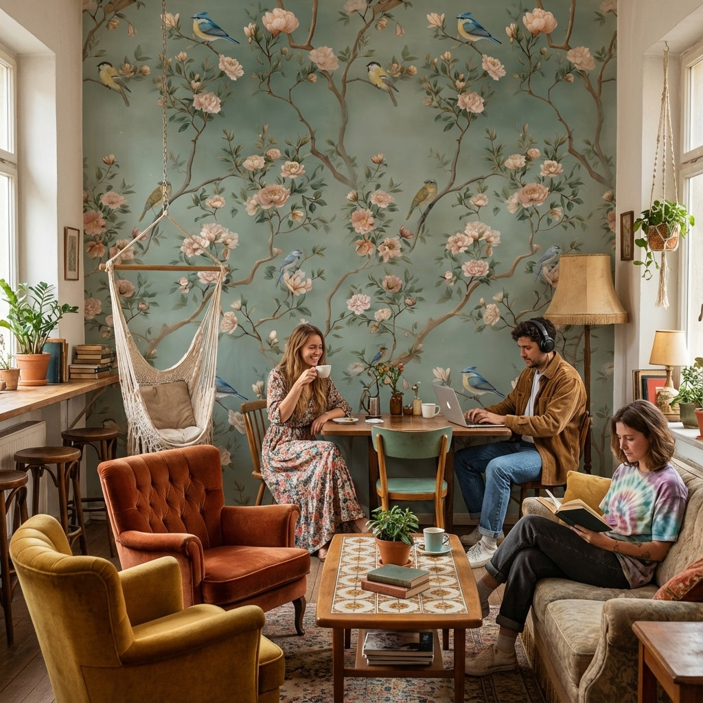 Kuşlu Çiçekli Duvar Kağıdı Yeşil Zemin Vintage Salon