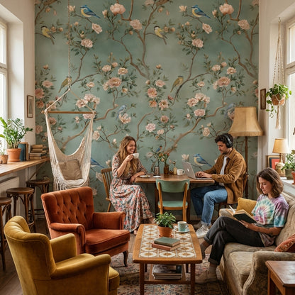 Kuşlu Çiçekli Duvar Kağıdı Yeşil Zemin Vintage Salon