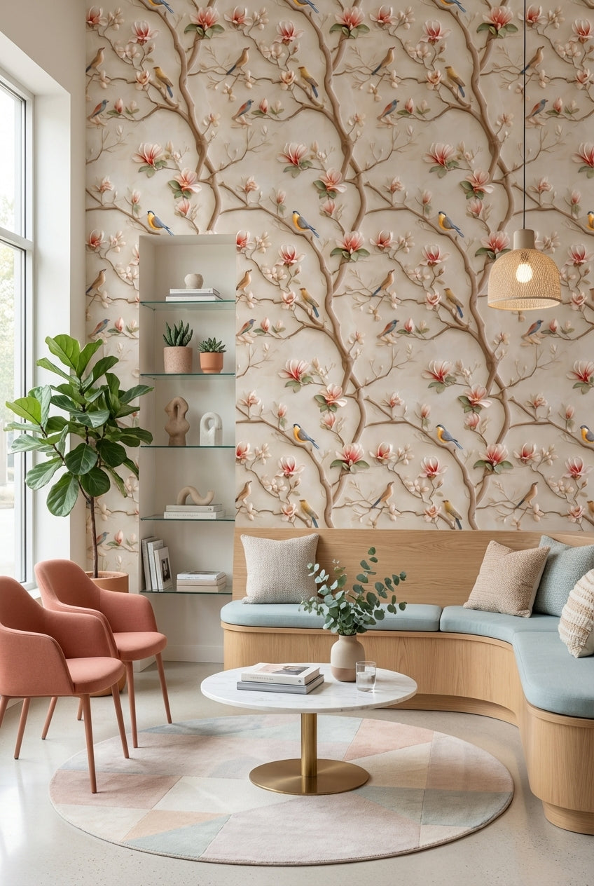Çiçekli Kuş Desenli Duvar Kağıdı Bej Salon Dekoru
