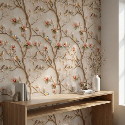 Çiçekli Kuş Desenli Duvar Kağıdı Bej Salon Dekoru