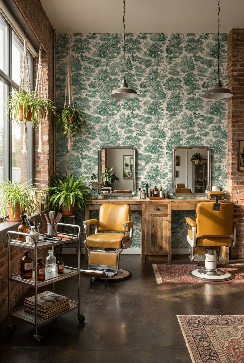 Yeşil Orman Manzaralı Duvar Kağıdı Klasik Çizim Salon