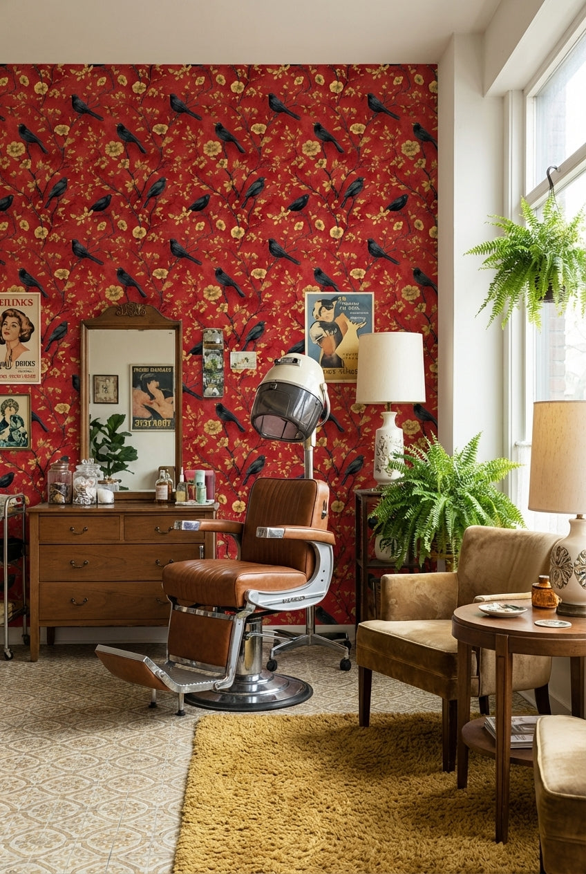 Kuş ve Çiçek Desenli Duvar Kağıdı Kırmızı Vintage Salon