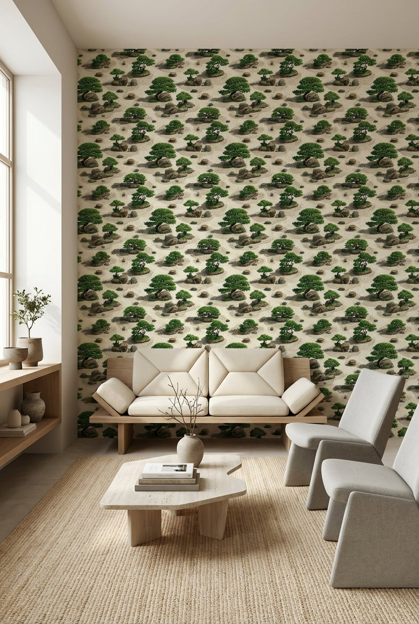 Zen Bahçesi Desenli Duvar Kağıdı Bej Yeşil Banyo Dekoru