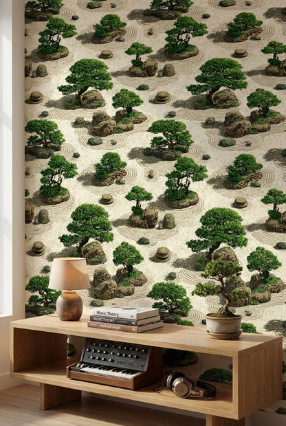 Zen Bahçesi Desenli Duvar Kağıdı Bej Yeşil Banyo Dekoru