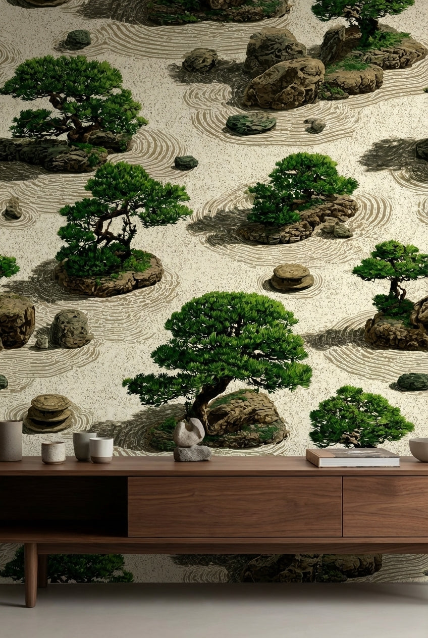 Zen Bahçesi Desenli Duvar Kağıdı Bej Yeşil Banyo Dekoru