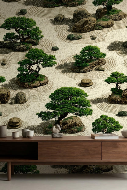 Zen Bahçesi Desenli Duvar Kağıdı Bej Yeşil Banyo Dekoru