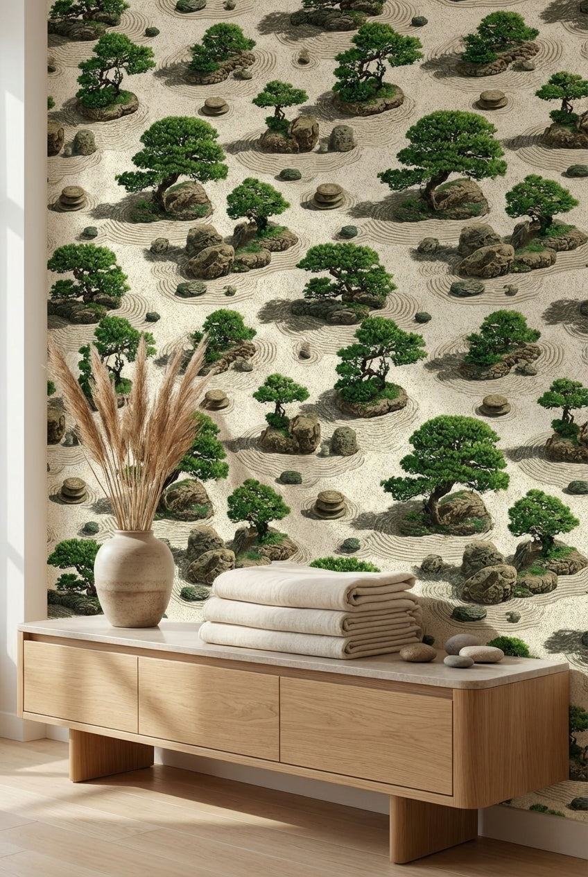 Zen Bahçesi Desenli Duvar Kağıdı Bej Yeşil Banyo Dekoru