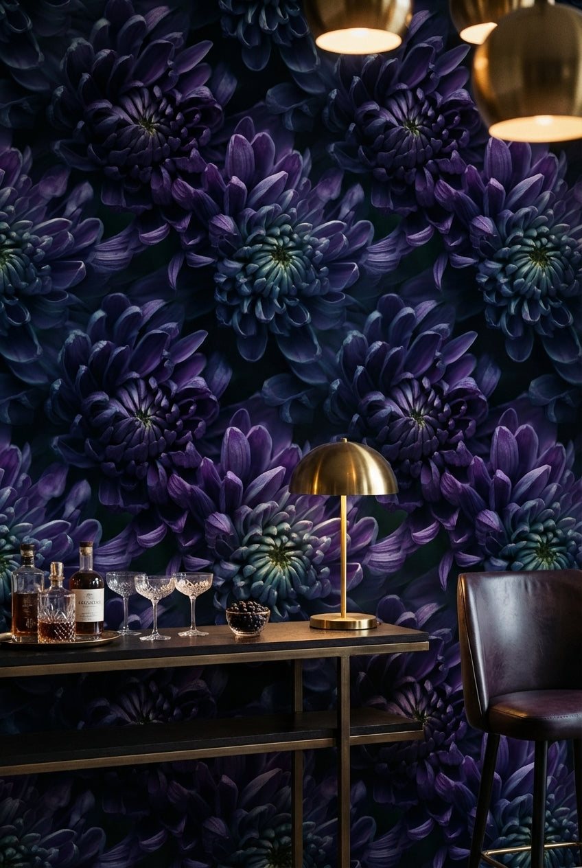 Koyu Mor Çiçek Desenli Duvar Kağıdı Modern Salon Dekoru