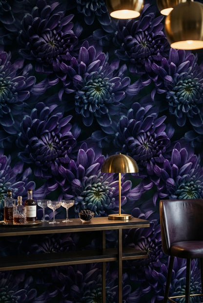 Koyu Mor Çiçek Desenli Duvar Kağıdı Modern Salon Dekoru