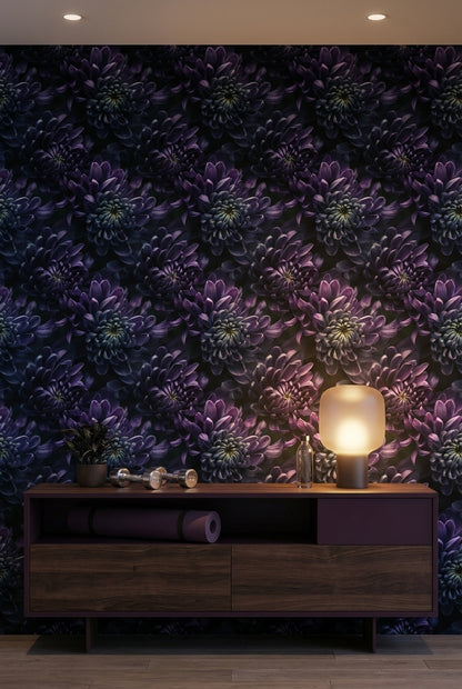 Koyu Mor Çiçek Desenli Duvar Kağıdı Modern Salon Dekoru
