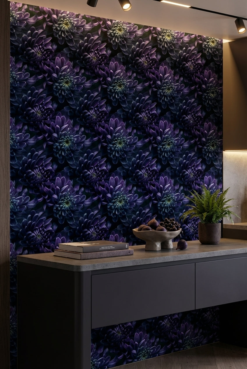 Koyu Mor Çiçek Desenli Duvar Kağıdı Modern Salon Dekoru