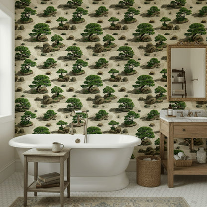 Zen Bahçesi Desenli Duvar Kağıdı Bej Yeşil Banyo Dekoru