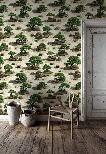 Zen Bahçesi Desenli Duvar Kağıdı Bej Yeşil Banyo Dekoru