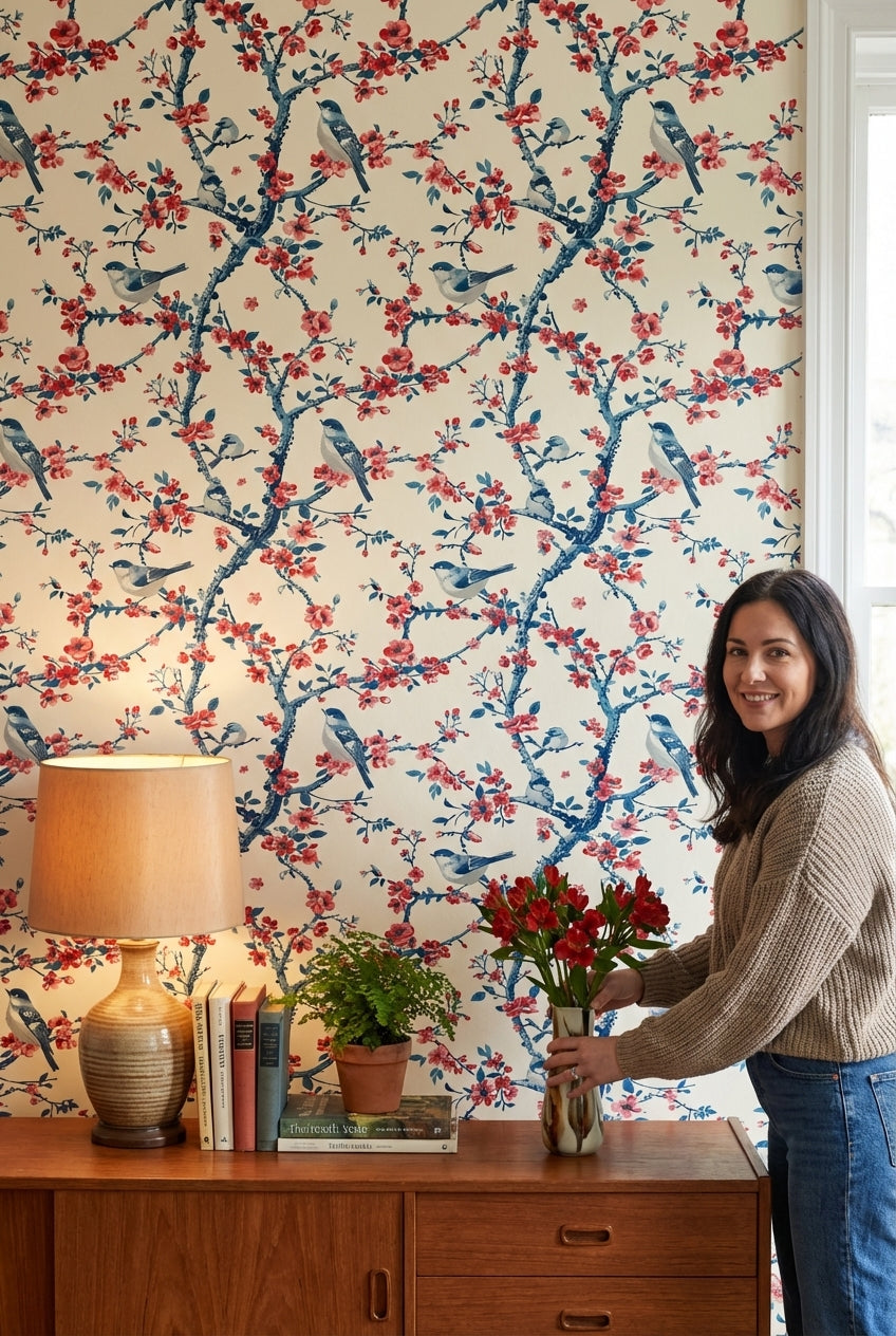 Kuşlu Kiraz Çiçekli Duvar Kağıdı Krem Zemin Vintage