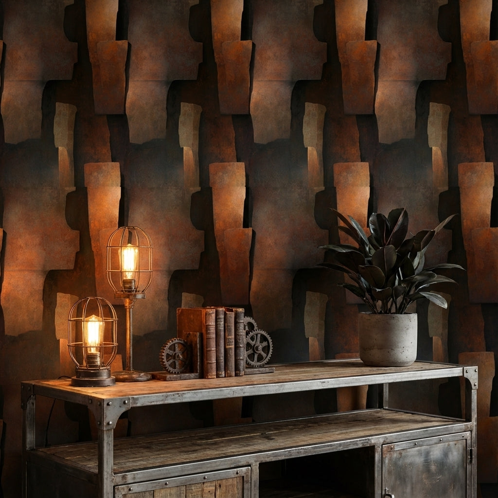 Soyut Geometrik Duvar Kağıdı Koyu Bakır Tonlu Modern Salon