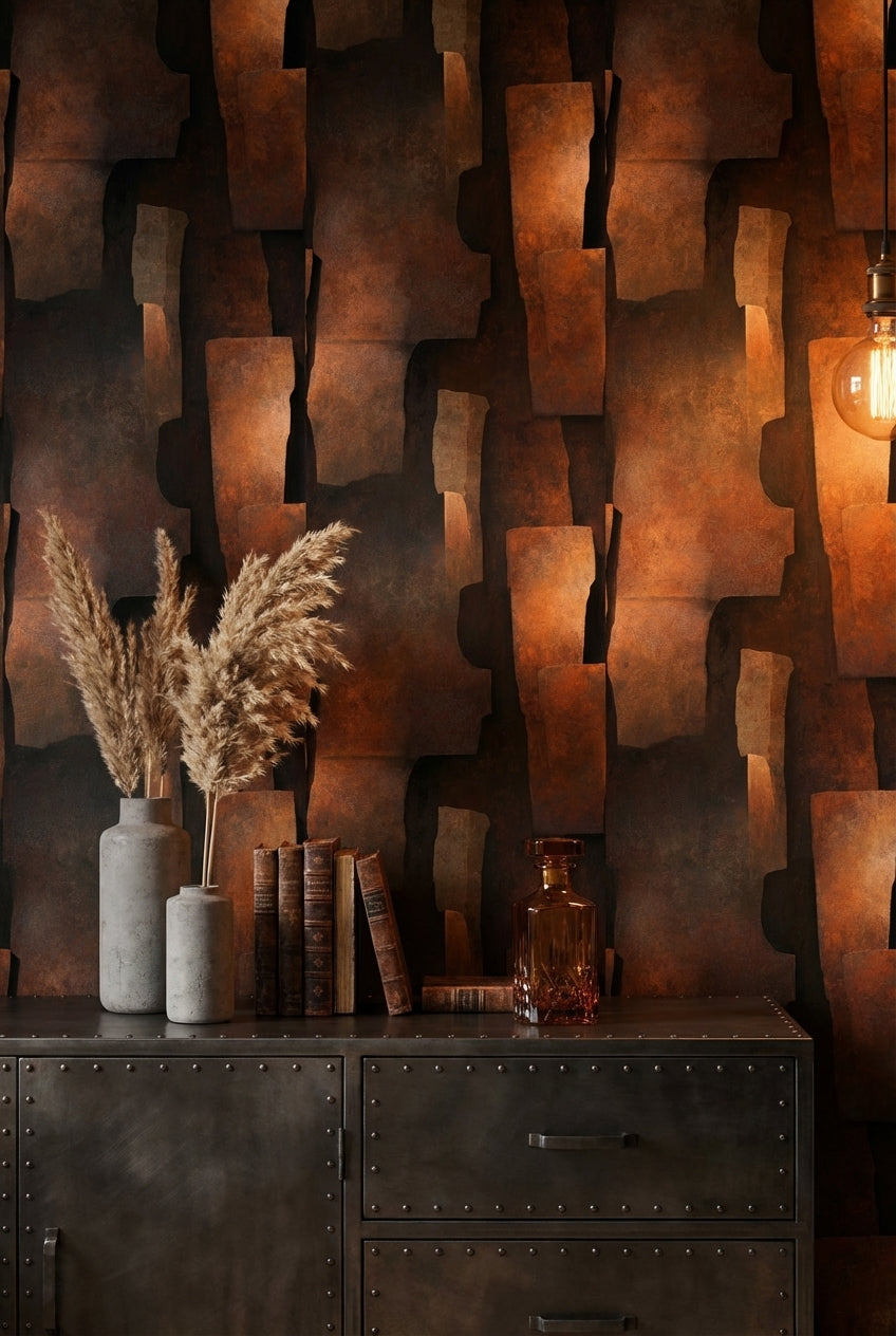 Soyut Geometrik Duvar Kağıdı Koyu Bakır Tonlu Modern Salon