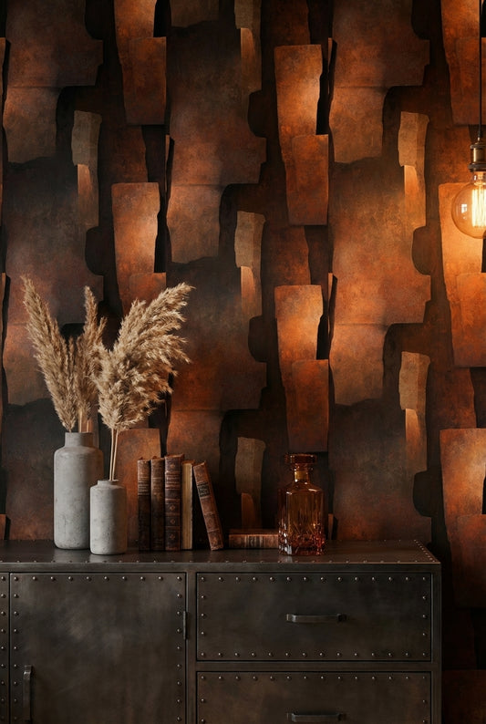 Soyut Geometrik Duvar Kağıdı Koyu Bakır Tonlu Modern Salon
