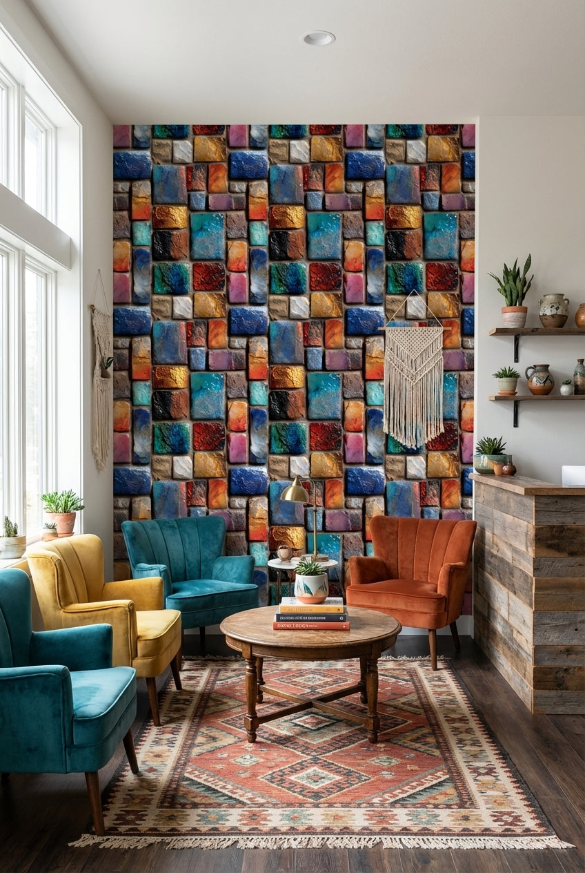 Renkli Mozaik Taş Desenli Duvar Kağıdı Modern Salon