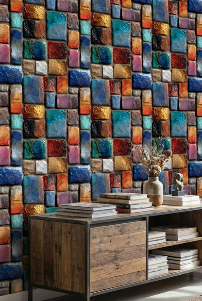 Renkli Mozaik Taş Desenli Duvar Kağıdı Modern Salon