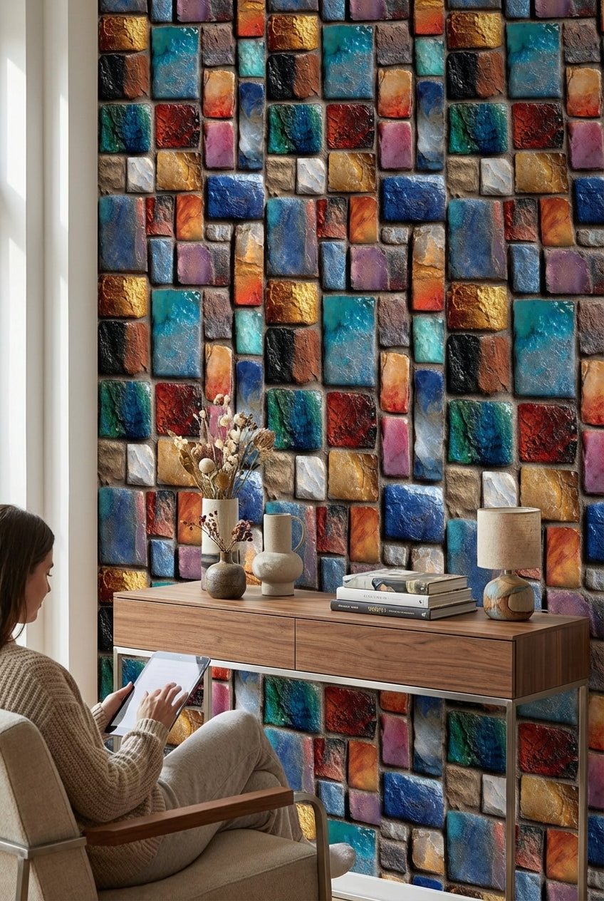 Renkli Mozaik Taş Desenli Duvar Kağıdı Modern Salon