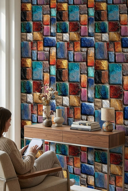 Renkli Mozaik Taş Desenli Duvar Kağıdı Modern Salon