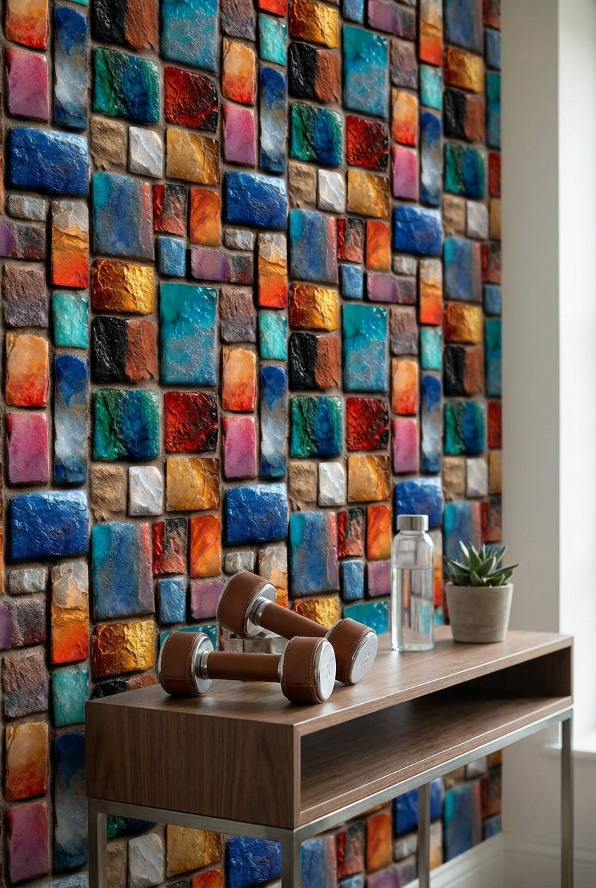 Renkli Mozaik Taş Desenli Duvar Kağıdı Modern Salon