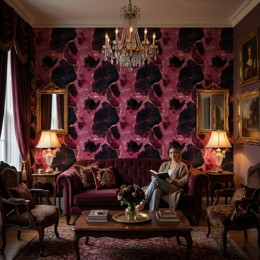 Pembe Siyah Mermer Desenli Duvar Kağıdı Altın Damarlı Salon