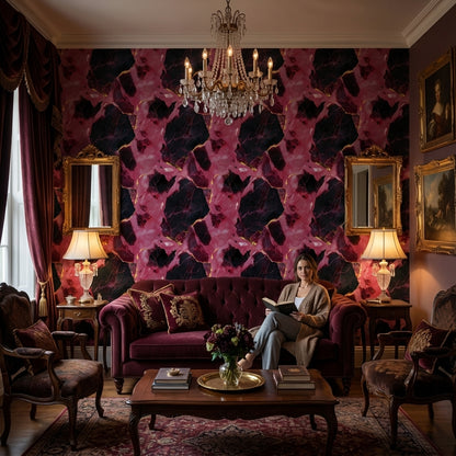 Pembe Siyah Mermer Desenli Duvar Kağıdı Altın Damarlı Salon