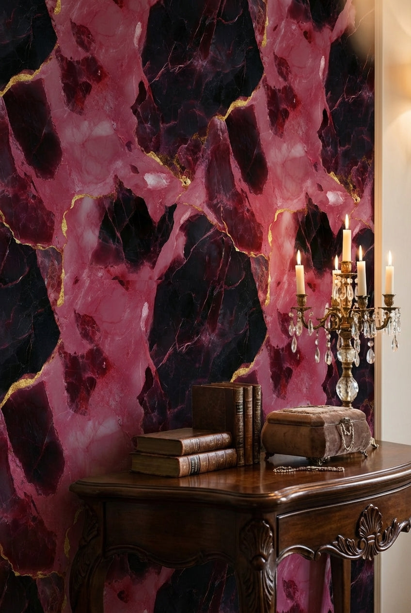 Pembe Siyah Mermer Desenli Duvar Kağıdı Altın Damarlı Salon